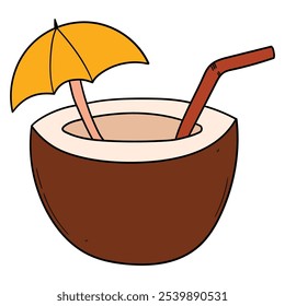 Hand drawn cartoon coconut cocktail with umbrella and straw isolated on white background. Vector illustration.