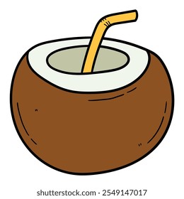 Hand drawn cartoon coconut cocktail with straw isolated on white background. Vector illustration.