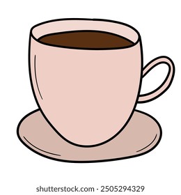 Hand drawn cartoon coffee cup and saucer isolated on white background. Vector illustration.