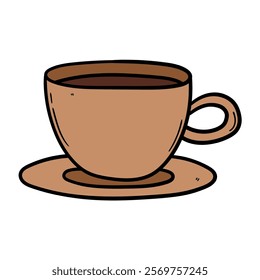 Hand drawn cartoon coffee cup and saucer isolated on white background. Vector illustration.