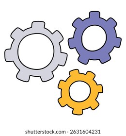 Hand drawn cartoon cogwheel gear setting symbol isolated on white background. Vector illustration.