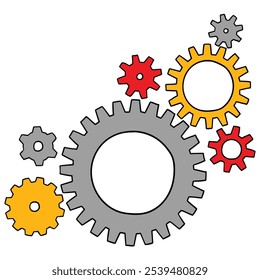 Hand drawn cartoon cogwheel teamwork connection isolated on white background. Vector illustration.