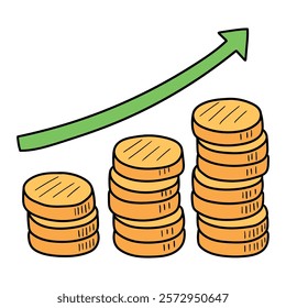 Hand drawn cartoon coin stack growth chart increasing arrow icon isolated on white background. Vector illustration.