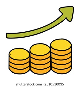 Hand drawn cartoon coins stack and green arrow up isolated on white background. Growth of money and business. Investments, earnings. Vector illustration.