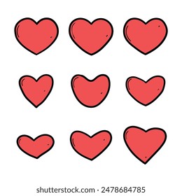 Hand drawn cartoon collection of red hearts isolated on white background. Vector illustration.