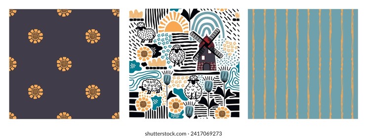 Hand drawn cartoon collection of seamless pattern with sheep,mill, flowers, rainbow,sun,dots, stripes.Rustic background set with freehand shapes.Rural print on fabric and paper.Vector illustration.