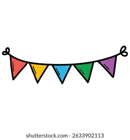 Guirnalda de bandera festiva de colores de dibujos animados dibujados a mano aislados sobre fondo blanco. Ilustración vectorial.