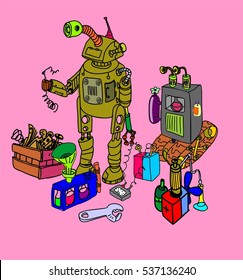  Hand drawn cartoon colored robots. Vector illustration.