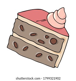 Hand drawn cartoon colorful black outline piece of cake vector illustration isolated on a white backgriound. Cute vintage food and drinks, cafe stuff and barista equipment concept.