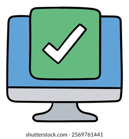 Hand drawn cartoon computer monitor with check mark isolated on white background. Vector illustration.