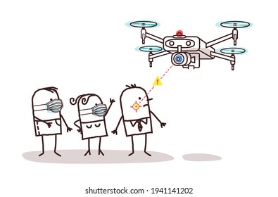 Dron de control de dibujos a mano que busca personas sin máscaras de protección