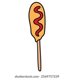 Hand drawn cartoon corn dog with ketchup isolated on white background. Vector illustration.