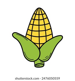 Hand drawn cartoon corn with green leaves isolated on white background. Vector illustration.