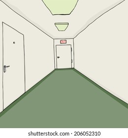 Hand drawn cartoon corridor background with green carpeting