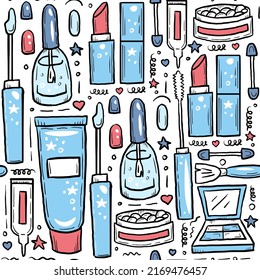 Hand drawn cartoon cosmetic make up seamless pattern. Cute doodle cosmetology vector illustration. Luxury beauty market background, package, wrapping paper