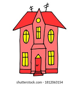 Hand drawn cartoon country style village house. Children's sketch illustration with colorful green, red and orange stylized fantasy building. Childish vintage outline vector icon illustration