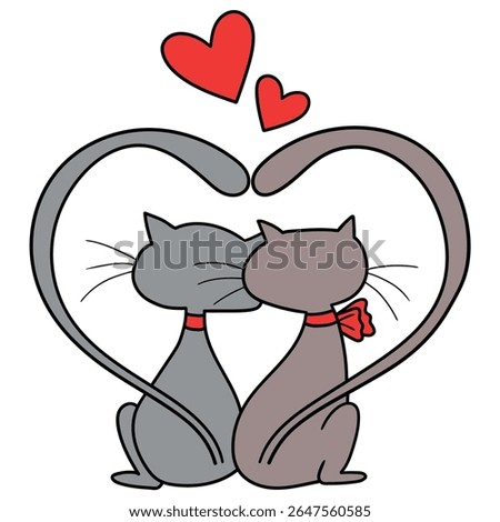Hand drawn cartoon couple of cat in love isolated on white background. Vector illustration.