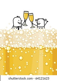 hand drawn cartoon couple & champagne