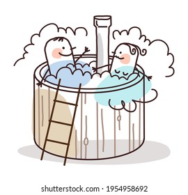 Hand drawn Cartoon Couple relaxing in an outdoor hot bath