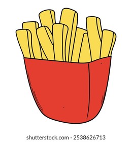 Dibujado a mano de dibujos animados crujientes patatas fritas aisladas sobre fondo blanco. Comida rápida, comida chatarra, alimentación poco saludable. Ilustración vectorial.