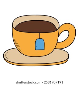 Hand drawn cartoon cup of tea with a tea bag on a saucer isolated on a white background. Vector illustration.