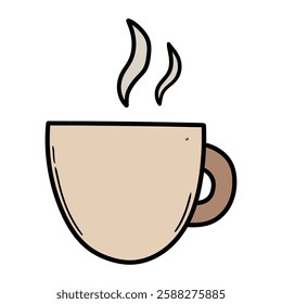 Hand drawn cartoon cup of tea or coffee with steam isolated on white background. Vector illustration.