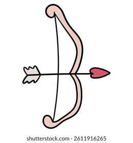Hand drawn cartoon cupid's bow and arrow isolated on white background. Vector illustration.