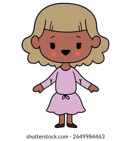 Hand drawn cartoon cute african american girl in dress isolated on white background. Vector illustration.