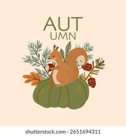 Hand drawn cartoon cute autumn vector illustration. Simple card design for season projects, poster, greeting card and seasonal decor. Squirrel, pumpkin, autumn leaves and branches