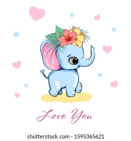 Hand drawn cartoon cute baby elephant in love with flowers . Vector children illustration. Can be used for kids wear fashion design, t-shirt print, baby card