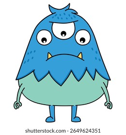 Hand drawn cartoon cute blue monster isolated on white background. Vector illustration.