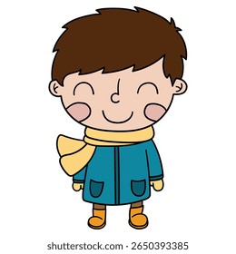 Hand drawn cartoon cute boy in winter clothes isolated on white background. Vector illustration.