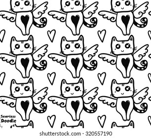 Hand drawn cartoon cute cat doodle seamless pattern. Funny sketch vector background for your amazing ideas.