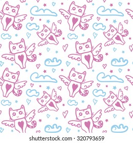 Hand drawn cartoon cute cat doodle seamless pattern. Funny sketch vector background for your amazing ideas.