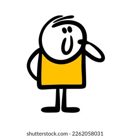 Hand drawn cartoon cute child looks away curiously. Vector illustration of stick figure kid in wonder.