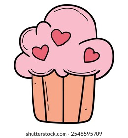 Handgezeichneter Cartoon, süßer Cupcake mit Herzen einzeln auf weißem Hintergrund. Vektorgrafik.