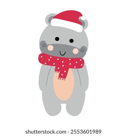 Hand drawn cartoon cute hippo wearing a Christmas red scarf and hat. cute collection images for christmas stickers, icons