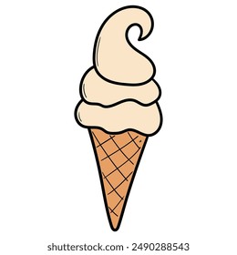 Hand drawn cartoon cute ice cream in waffle cone isolated on white background. Vector illustration.