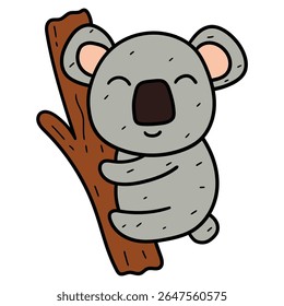 Hand drawn cartoon cute koala on a tree isolated on white background. Vector illustration.