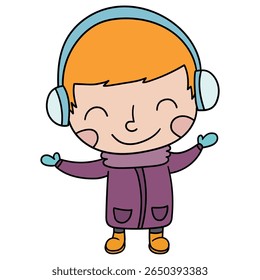 Hand drawn cartoon cute little caucasian redhead boy in winter clothes isolated on white background. Vector illustration.