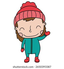 Hand drawn cartoon cute little caucasian girl in winter clothes isolated on white background. Vector illustration.