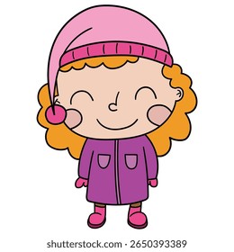 Hand drawn cartoon cute little caucasian redhead girl in winter clothes isolated on white background. Vector illustration.