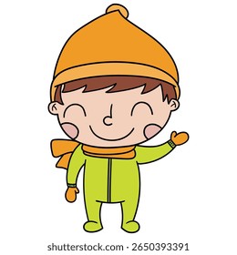 Hand drawn cartoon cute little caucasian boy in winter clothes isolated on white background. Vector illustration.