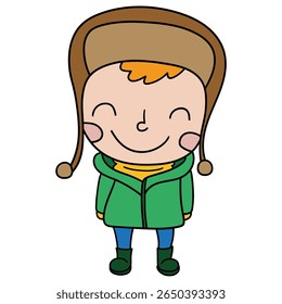 Hand drawn cartoon cute little boy in winter clothes isolated on white background. Vector illustration.