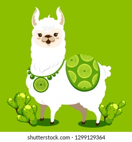 hand drawn, cartoon cute, llamas or alpaca in Peru on green background, vector illustration.