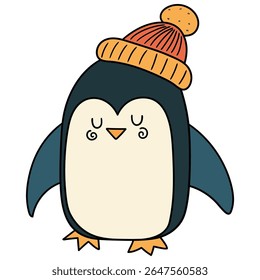 Hand drawn cartoon cute penguin in a hat isolated on white background. Vector illustration.