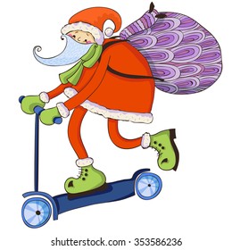hand drawn cartoon cute santa claus riding on scooter, colorful vector illustration, isolated design object on white