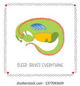 Hand drawn cartoon cute sleeping Dragon  character - Vector