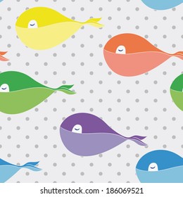 hand drawn cartoon cute whales on polka dots background seamless pattern