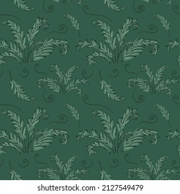 Hand drawn cartoon dark green vector seamless pattern with ferns, brackens and branches with leaves. Surface print design for apparel, textile, fabric, giftwrap, wrapping paper, wallpaper, packaging